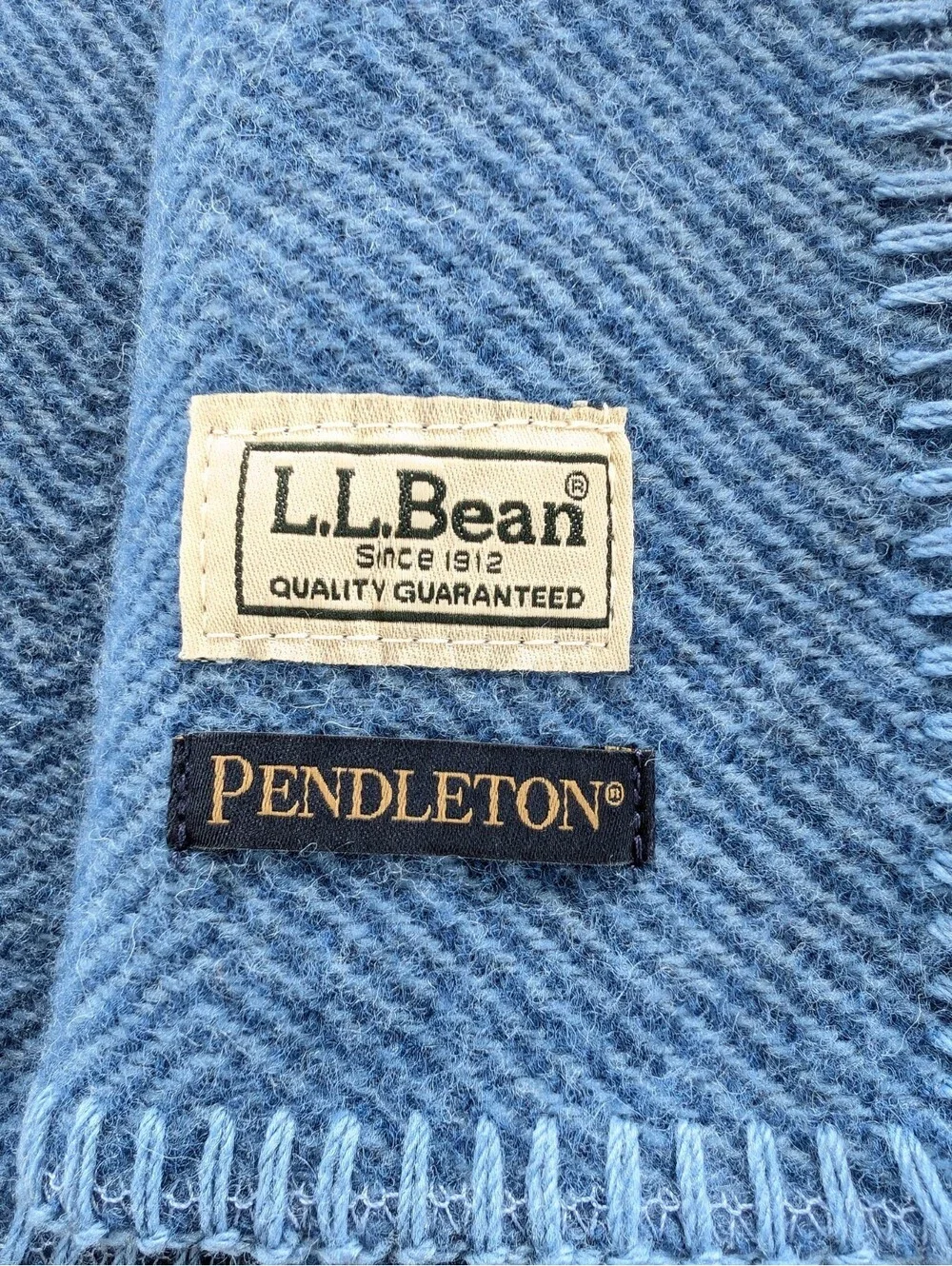 LL Bean x Pendleton 100% Wool Blanket Herringbone Blue King Size 108x90